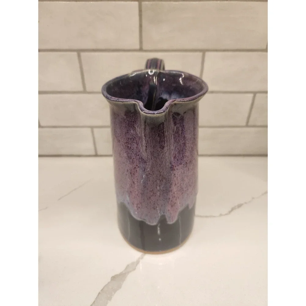 Bay Pottery Virginia‎ Pitcher Vintage 8 Inch Tall Purple Drip Glazed EUC